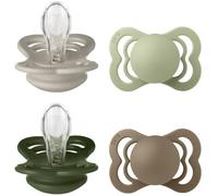 Sucette bébé BIBS Supreme Symétrique T1 Silicone - Lot de 4 - Sand Sage, Hunter Green et Dark Oak