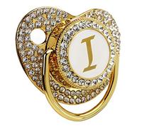 Sucette Bling pour Bébé, Attache Sucette Dorée Personnalisée Sucette Lettre Courbée avec Cache-Poussière Attache Sucette 26 Lettres Sucette pour Bébé de 6 à 18 Mois (Lettre je)