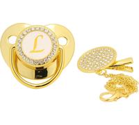 Sucette dorée pour bébé design incurvé 26 lettres matériaux sûrs bling sain avec clips pour 6 à 18 mois l