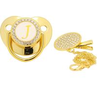 Sucette dorée pour bébé design incurvé 26 lettres matériaux sûrs bling sain avec clips pour 6 à 18 mois J.