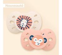 BIOLANE - Tétines anatomiques animaux - Sucettes extra-fines - 6-18 mois - Rose et beige - Téterelle plate et réversible- Confort optimal- Respect du développement bucco-dentaire