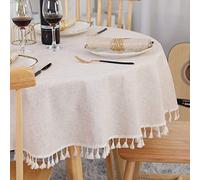 SUCHDECO Nappe Ronde Anti Tache en Cotton Lin Beige, Nappe de Table Linge de Table Lavable avec Franges, Nappes Circulaires pour Table à Manger Cuisine, 150 cm
