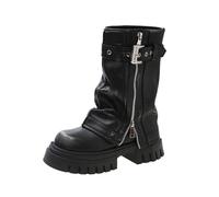 SUCHETA Bottes d'automne et d'hiver Style Britannique rétro Bottes de Chevalier tête Ronde Fond épais Bottes Courtes Bottes de Motard décontractées Bottes Western