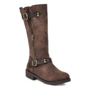 SUCHETA Bottes mi-mollets en cuir à talon bas avec boucle Ceinture Bottes mi-mollets à talon haut avec fermeture éclair Bottes Chelsea à tête ronde Bottes en cuir pour femmes à la mode rétro Automne