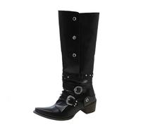 SUCHETA Bottines à Talon épais Western Cowboy Bottes Mode Rétro Ceinture Boucle Chevalier Bottes Automne et Hiver Cuir Souple Bottes Noir Femme Bottes