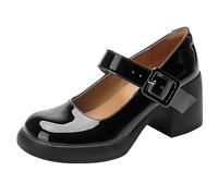 SUCHETA Mary Jane Françaises Chaussures Femmes Épaisse avec Bouche Shallow Talons Hauts Chaussures Simples Noirs Spicy Girl Talons Hauts Barbie Tête Ronde Petites Chaussures en Cuir