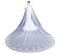 SUCHUANGUANG 4M Une Couche Femmes traînant cathédrale Long Voile de Mariage brodé Dentelle Florale Applique festonnée Garniture Voile de mariée avec Peigne Blanc Tulle Voile de Mariage
