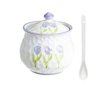 Sucrier en céramique, Hand Drawn Flower Sugar Bowl with Lid and Spoon, Large Multiple Styles Sugar Pot,