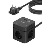 SUDEERY Cube multiprise avec USB C, 3 prises - Fiche plate avec interrupteur individuel - Multiprise avec câble de 2 m - 1 multiprise USB de type C pour bureau, maison, voyage (noir)