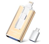 SUDEHO Cle USB 256 Go, Clé USB iPhone MFI Certifié, 4 en 1 Clef pour iPhone/Android/Type C et PC, Cle USB C Photo Stick Mémoire Externe pour Stockage Photos, Vidéos, Fichiers(Or)