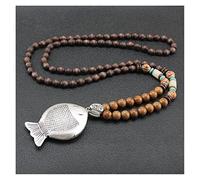 Sudemota Colliers Vintage Fait à la Main népal Collier Bouddhiste Mala Bois Perles Pendentif et Collier Ethnique Corne Poisson Longue déclaration Bijoux Femmes Hommes (Size : Silver)