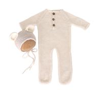 SueaLe Ensemble d'accessoires photo pour bébé avec chapeau et oreilles d'ours et combinaison à pieds pour photographie de nouveau-né 2 pièces