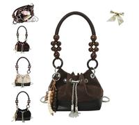 Suede Beaded Drawstring Vintage Bucket Bag,Vintage Crossbody Bag with Chain Strap,Womens Retro Beads Drawstring Handbags (Coffee)