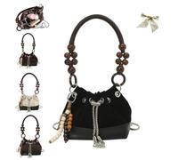 Suede Beaded Drawstring Vintage Bucket Bag,Vintage Crossbody Bag with Chain Strap,Womens Retro Beads Drawstring Handbags (Black)