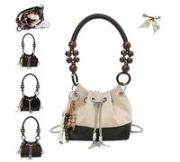 Suede Beaded Drawstring Vintage Bucket Bag,Vintage Crossbody Bag with Chain Strap,Womens Retro Beads Drawstring Handbags (White)