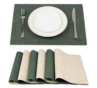 SUEH DESIGN Lot de 6 Sets de Table Réversibles en Similicuir | Set de table en PU lavable, imperméable et résistant à la chaleur 43cm x 31cm, Vert foncé et beige
