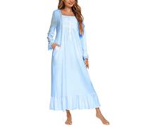 Suelinvy Robe de nuit victorienne à manches longues pour femme avec broderies de boutons - Robe de nuit à volants - Taille S à XXL, W-bleu clair, XXL