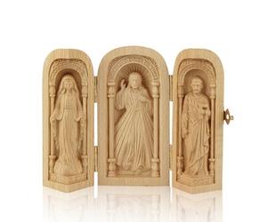 Suerhatcon Petit Voyage Autel Bois Église Portable Jésus Mère de Dieu et Statue de Joseph Triptyque Cadeaux religieux