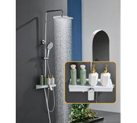 Süßren Colonne de Douche ChroméE,RéGlable En Hauteur,Pivotante à 360°,éQuipéE D'Une Pomme de Douche à Effet Pluie Et D'Une Tablette En Verre de 35 × 14 cm
