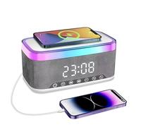 Suewidfay Radio Réveil Bluetooth avec Chargement sans Fil 15W, Réveil Connecté avec Enceinte Bluetooth, Port USB, Alarm Clock, FM Radio, 13 Modes de Lumières LED