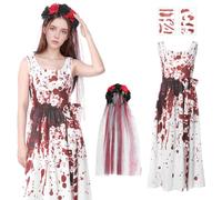 Suffolly Costume de mariée zombie 4 pièces pour femme, costume de zombie avec robe tachée de sang, bandeau, autocollants cadavre, costume de mariée morte, costume d'Halloween pour femme (costume A,