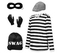 Suffolly Costume de voleur de cambrioleur 6 pièces pour garçons avec sac swag, masque de voleur, déguisement de voleur pour enfants, costume de voleur pour enfants