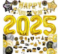 Suffolly Decoration Nouvel an 2025 Kit Nouvel An Deco Nouvel an 2025 avec Accessoire Photo Ballon 2025 et Happy New Year Banderole, Ballons Or et Noir, Decoration Fete pour Nouvel an 2025 Noel (A)