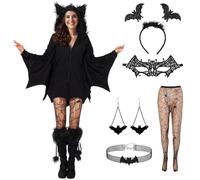 Suffolly Deguisement Chauve Souris Femme avec Bandeaux Colliers, Cape Halloween et Costume Diablesse pour Halloween (XL)