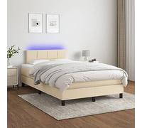 Sufrk Lit à ressorts avec matelas et LED crème 120 x 200 cm en tissu, cadre de lit à plate-forme rembourré, base pour matelas, support pour lattes en bois, facile à monter