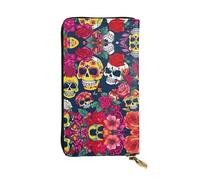 Sugar and Skulls and Flowers Print Leather Long Clutch Wallet for Women - Fashion and Lightweight Waterproof Leather Wallet, Black, One Size, Noir , Taille unique