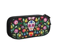 Sugar and Skulls and Flowers Trousse à crayons avec fermeture éclair Noir Grande capacité pour l'école, le bureau et les voyages, Noir , Taille unique, Organiseur de sac