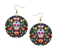 Sugar Horror Skull And Flowers Boucles d'oreilles rondes en cuir Couleur Saint-Valentin Festival Activités Mode Femme, taille unique, Simili cuir