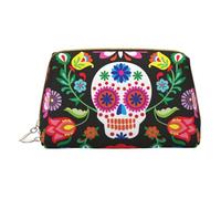 Sugar Horror Trousse de maquillage en cuir avec fermeture éclair Motif tête de mort et fleurs, blanc, Taille unique