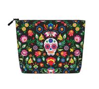 Sugar Horror - Trousse de maquillage portable avec motif tête de mort et fleurs - Faux chanvre - Organiseur de voyage pour femme - Grande capacité - Poche zippée