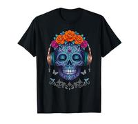 Sugar Skull Blue Crown Day of The Dead Music Casque Audio T-Shirt