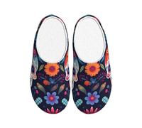 Sugar Skull Flower Pantoufles en flanelle pour homme Motif crâne Jour des morts Chaussures d'hiver chaudes antidérapantes pour l'intérieur et l'extérieur, multicolore, X-Small Men/ X-Large Women
