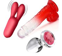 SugarBoo Kit de jouets sexuels pour adulte, gode de 8,2 cm, plug anal en verre avec gemme, stimulateur clitoridien 10 fonctions