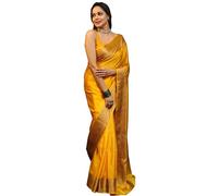 Sugathari Sari Banarasi en soie Kanjivaram pour femme - Doux - Design 2025 - Sari - Dernières collections Sadi Party Sari avec chemisier (San Pari-225), Doré, 5.50 Mtr Saree With 0.80 Mtr Attached