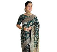 Sugathari Sari Banarasi en soie Kanjivaram pure pour femme Design 2023 Design Wear Pattu Sari en coton avec chemisier pour mariage Sari (Sam Paris S-7), vert foncé, taille unique