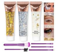 Sugeru Lot de 3 paillettes pour le visage, le visage, les cheveux, les ongles, accessoires de festival, gel de paillettes pour le visage, maquillage du visage, fête de festival (doré+argent)