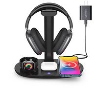 Suguder Support de casque avec chargeur sans fil 15 W, station de charge 4 en 1 pour AirPods Max/Pro/4/3/2, iWatch 10/9/8/7/6/5/4/3/2/1/SE, iPhone 16/15/14/13/12/11/X pour jeu de table de bureau