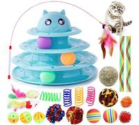 Suhaco 21 Pcs Jouets De Chat Interactif Pour Les Chats D'Intérieur Jouet De Chaton Rouleau Amusant 3 Niveau Chat Teaser Ballon Jouets Avec 3 Boules Colorées Baguette De Plume De Chat Kitty Jouet(Bleu)