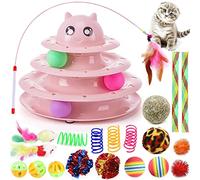 Suhaco 21 Pcs Jouets De Chat Interactif Pour Les Chats D'Intérieur Jouet De Chaton Rouleau Amusant 3 Niveau Chat Teaser Ballon Jouets Avec 3 Boules Colorées Baguette De Plume De Chat Kitty Jouet(Rose)