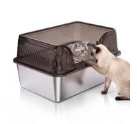 Suhaco Bac à litière pour chat en acier inoxydable avec couvercle 60 x 40 x 35 cm pour chats de très grande taille ou plusieurs chatons avec entrée basse et côté haut (noir transparent, XXXL)