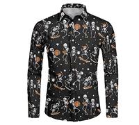 Suhoaziia Chemise à manches longues pour homme, coupe régulière, chemise boutonnée décontractée pour hommes et adolescents, taille XS à 6XL, Squelettes d'Halloween citrouilles, 6X-Large