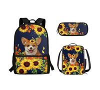 Suhoaziia Lot de 3 sacs à dos de voyage pour enfants avec sac à déjeuner isotherme et trousse à crayons pour filles, garçons, adolescents, sac à bandoulière et sac à main, Tournesols Corgi de dessin