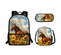 Suhoaziia Lot de 3 sacs à dos d'école avec sac à déjeuner isotherme et trousse à crayons pour élèves du primaire, du secondaire, du secondaire, Cheval tournesol., Sacs à dos de jour