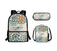 Suhoaziia Lot de 3 sacs à dos d'école avec sac à déjeuner isotherme et trousse à crayons pour élèves du primaire, du secondaire, du secondaire, Libellule Mandala Bohème, Sacs à dos de jour