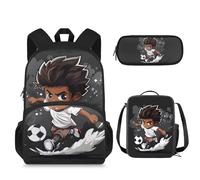 Suhoaziia Lot de 3 sacs à dos d'école, grand sac à livres avec sac à déjeuner isotherme et trousse à crayons, Soccer Boy, Sacs à dos de jour