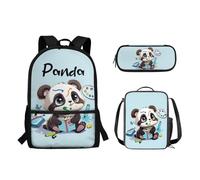 Suhoaziia Lot de 3 sacs à dos d'école pour élèves du primaire et du secondaire, sacs à livres avec sac à déjeuner et trousse à crayons pour filles, garçons, adolescents, Cartoon Panda Bleu, Sacs à dos
